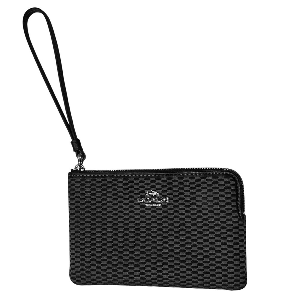 Coach Small Wristlet Brown Black Woven Jacquard Gold Logo Zip Top Clutch - Picture 3 of 6